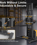 Top Tier Built Like A Tank Lithium Electric Pallet Stacker 3300 Pound Capacity 130 Inch High Reach Lift with adjustable forks.