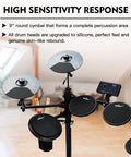 Beginner Electric Drum Set With Quiet Mesh Pads And 180 Plus Sounds, featuring cymbals and drum pads in a home setting.