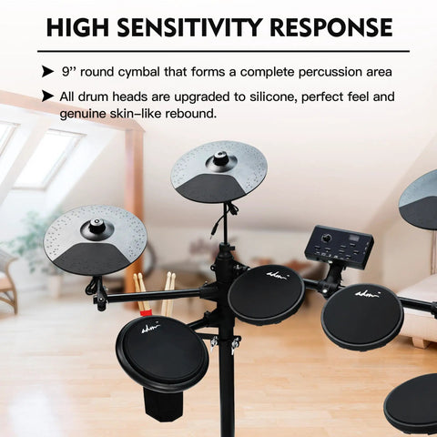 Beginner Electric Drum Set With Quiet Mesh Pads And 180 Plus Sounds, featuring cymbals and drum pads in a home setting.