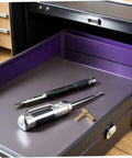 Brass Barrel Hidden Hinges For Jewelry Box And Keepsake Cabinet with tools in a drawer, showing concealed hardware solution.