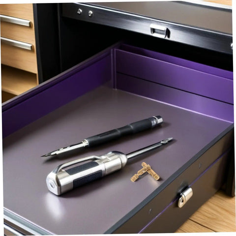Brass Barrel Hidden Hinges For Jewelry Box And Keepsake Cabinet with tools in a drawer, showing concealed hardware solution.