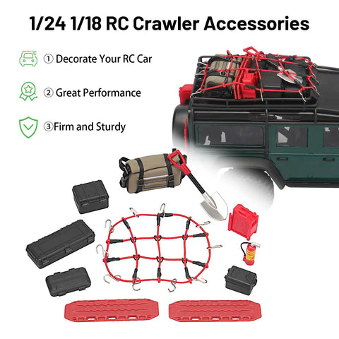 Expedition Ready Off Road RC Rig Gear Kit For 1/18 TRX4M And 1/24 Axial SCX24 with luggage net, ARB bag, boxes, and shovel
