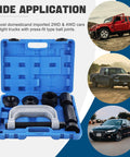 Blue DASBET 10-piece ball joint press kit in case with C-frame press and adapters for joint removal