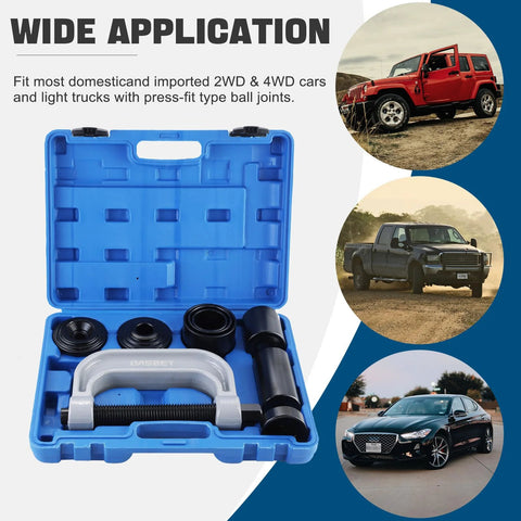 Blue DASBET 10-piece ball joint press kit in case with C-frame press and adapters for joint removal