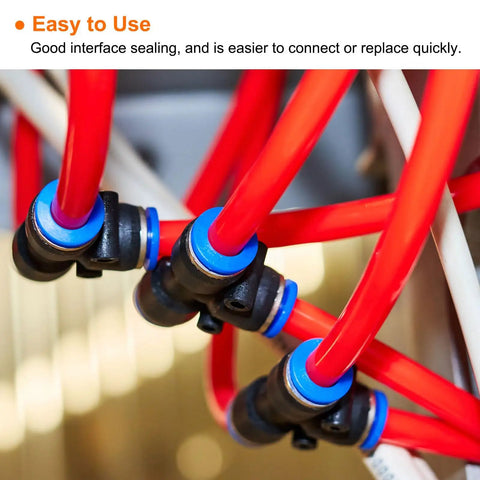 Red polyurethane tubes connected with fittings showing easy interface sealing for fluid transfer system