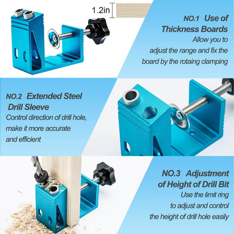 Complete Pocket Hole Jig Kit With Drill Guide For 15 Degree Angled Holes, Adjustable For Flush Joints, carpentry locator details