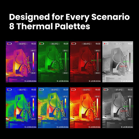 TR20 Pro Dual Lens Thermal Imaging Camera showing 8 thermal palettes in infrared mode.