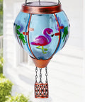 Solar Hot Air Balloon Lantern With Flamingo Pattern Waterproof Outdoor Hanging Lights For Garden Yard Lawn Patio Realistic Flickering Flame Effect Glass And Metal Frame Ideal Gift For Mom Gardener Mothers Day - close-up of lantern design