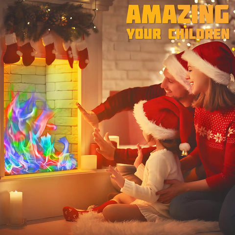 Family near fireplace using Lit Color Changing Campfire Packets Rainbow Flames For Fire Pit Indoor Outdoor Fireplace Bonfire Colorful Fire Magic Camping Accessory Safe Easy Toss 30 Pack
