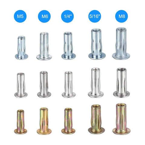 Beefed-Up Heavy Duty 1/4-20 Multi Grip Rivet Nuts Set, Pre-Bulbed Shank Flat Head Threaded Inserts in various sizes.