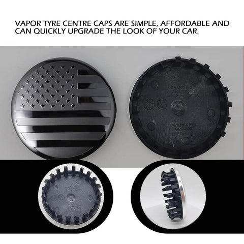 Top Shelf American USA Flag Wheel Center Caps For Chevrolet GMC Colorado Yukon Sierra 3.25 Inch Rim Hub Covers from different angles.