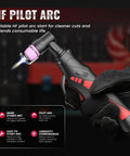 Close-up of a dual-voltage pilot arc plasma cutter with LED display and air sensor, featuring a 50A power and red detailing.