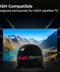 Dish Playmaker Dual With Receiver Self Pointing Satellite Antenna for RVs in front of TV displaying mountain landscape.