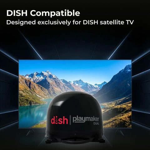 Dish Playmaker Dual With Receiver Self Pointing Satellite Antenna for RVs in front of TV displaying mountain landscape.