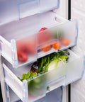 Spacious Upright Freezer Deep Freeze 11 Cubic Feet Stainless Steel Cabinet with pull out drawer compartments filled with vegetables.