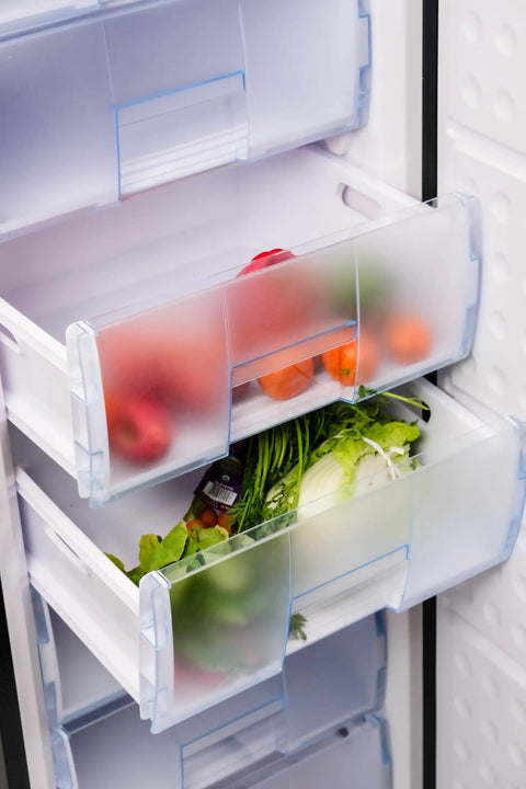 Spacious Upright Freezer Deep Freeze 11 Cubic Feet Stainless Steel Cabinet with pull out drawer compartments filled with vegetables.