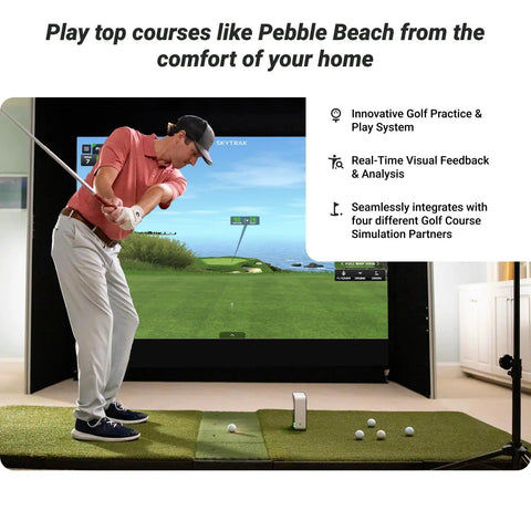 Golfer using Portable Golf Launch Monitor With Real Time Feedback And Photometric Tech indoors for swing analysis.