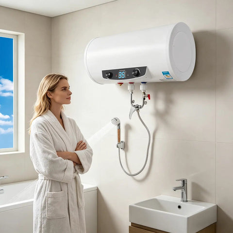 Heavy Duty 50L Horizontal Electric Water Heater With Digital Temperature Control And 110V US Plug Stainless Steel Inner Tank in bathroom with user.