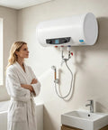 No Hassle 13 Gallon Electric Water Heater 1500 Watt 110 Volt Reliable Storage Tank mounted in a modern bathroom.