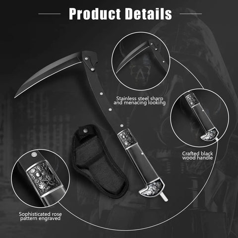 Two Section Folding Sickle Knife With Wooden Handle And Rose Patterned Silver Accents, solid stainless steel build, with sheath