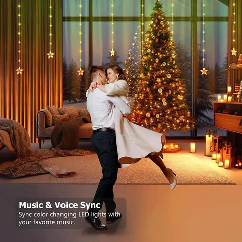 Star Curtain Lights 10ft By 3.3ft RGB LED Color Changing String Fairy Lights With 130 LEDs And 10 Stars in a cozy living room setting