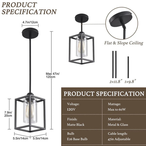 Three Pack Black Pendant Lights For Kitchen Island Industrial Lantern Style Hanging Lamps With Clear Glass Shade specifications