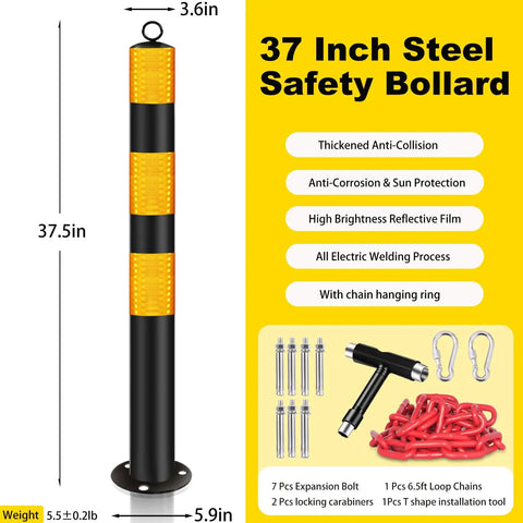 Rock Hard Steel Bollards 37 Inch With Glowing Reflective Tape featuring a thickened anti-collision design and a hanging ring.