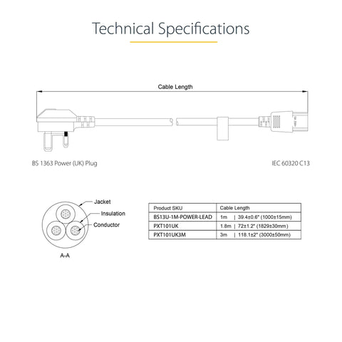 Illustration of Six Foot UK Computer Power Cord With BS 1363 To C13 Connector specifications, including plug type and cable length.