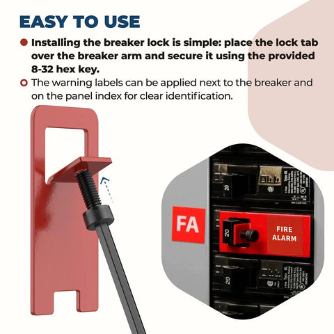 Red Fire Alarm Breaker Lockout Kit With Lock And Tag, Two Complete Sets For Fire Panel Safety, Prevent Accidental Shutdown, Includes Lock Tab, Screw, 8-32 Hex Key And Label Stickers