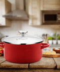 Snag This Rock Solid Replacement Dutch Oven Knob Set, Heat Resistant Stainless Steel Pot Lid Handles For Enameled Cast Iron Cookware, Hassle Free Kitchen Upgrade Silver Four Pack on a red pot.