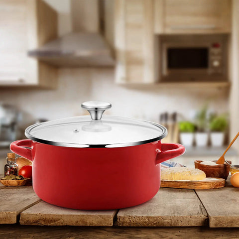 Snag This Rock Solid Replacement Dutch Oven Knob Set, Heat Resistant Stainless Steel Pot Lid Handles For Enameled Cast Iron Cookware, Hassle Free Kitchen Upgrade Silver Four Pack on a red pot.