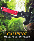 14-In-1 Multitool Camping Axe Hatchet with knife, hammer, and saw on tree stump in forest setting