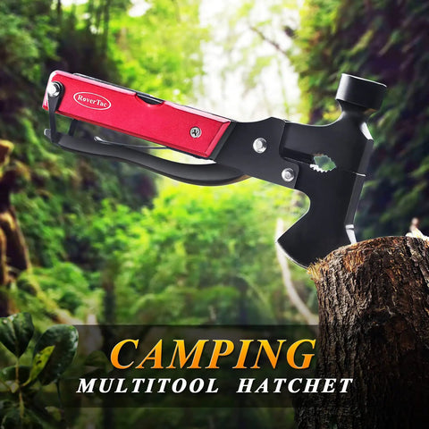 14-In-1 Multitool Camping Axe Hatchet with knife, hammer, and saw on tree stump in forest setting