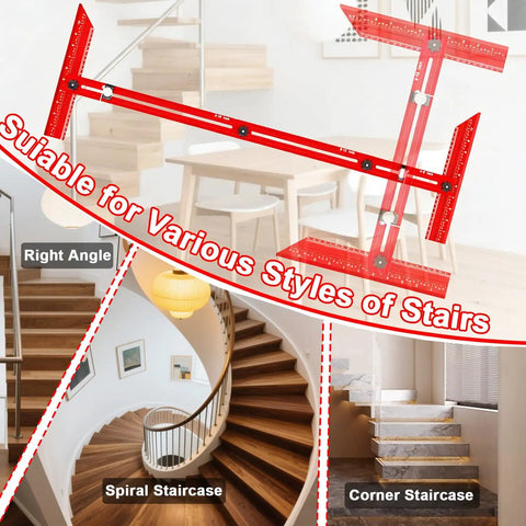 Professional Stair Tread Template Tool With Solid Aluminum Measuring Jig for measuring various staircase styles like spiral and corner.