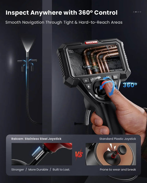 Industrial Borescope Camera With Replaceable Snake Cable 5 Inch HD Display 4-Way Articulating Probe Stainless Steel Joystick 6.2mm Camera Waterproof Cable 5 Ft For Auto And Pipe Inspections showing 360° control