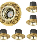 4.5 Inch Brass Downlight With Cob Recessed Lighting Kit And Six To Fourteen Watt Options For Zero Hassle Corridor Or Living Room Ceiling Install That Delivers Straight Up Brilliant Glow Indoors - ornate brass design with recessed light.
