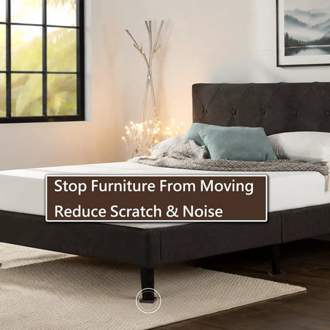 Square Rubber Furniture Caster Cups With No Slip Grip visible under bed legs, protecting hardwood floor.