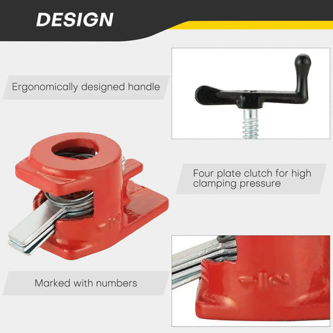 Heavy Duty Six Pack Of Half Inch Pipe Clamps For Woodworking, Built Tough Cast Iron Frame with ergonomic handle and four plate clutch.