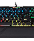 Top Tier Mechanical Gaming Keyboard With Butter Smooth Cherry Red Linear Keys And Killer Per Key RGB Backlighting For Your PC Rig, top view showing vibrant RGB backlighting.