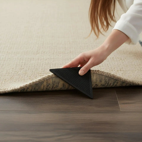 Hand placing Heavy Duty Rug Gripper Pads With Adhesive Strips For Non Slip Carpet Corners Kit Includes Four Pads And Four Auxiliary Stickers Edge Guard And Extra Grip For Home Or Office under a carpet edge on wooden floor