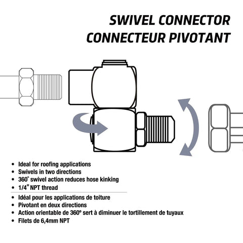 1/4 Inch NPT 360 Degree Swivel Air Hose Connector For Flexible Tooling, Industrial Swivel Air Fittings, 300 PSI Max, Accepts Standard Threaded Fittings And Quick Change Adapters, Silver, line drawing