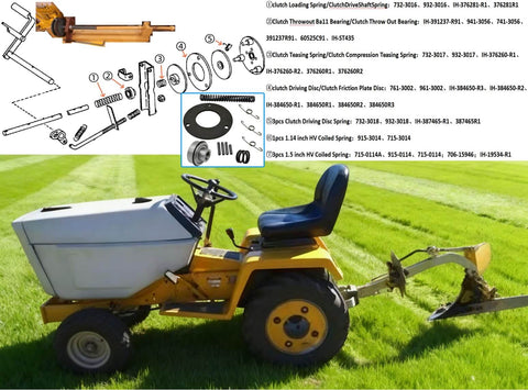 Cub Cadet lawn tractor with an all-in-one clutch rebuild kit, including friction disc, springs, bearing, and roll pins on display.