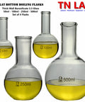 Flat Bottom Boiling Flask Set Four Piece 50Ml 100Ml 250Ml 500Ml Borosilicate Glass Florence Flasks for lab use displayed upright