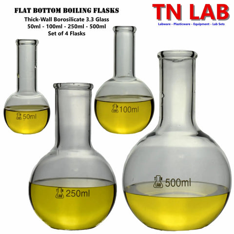 Flat Bottom Boiling Flask Set Four Piece 50Ml 100Ml 250Ml 500Ml Borosilicate Glass Florence Flasks for lab use displayed upright