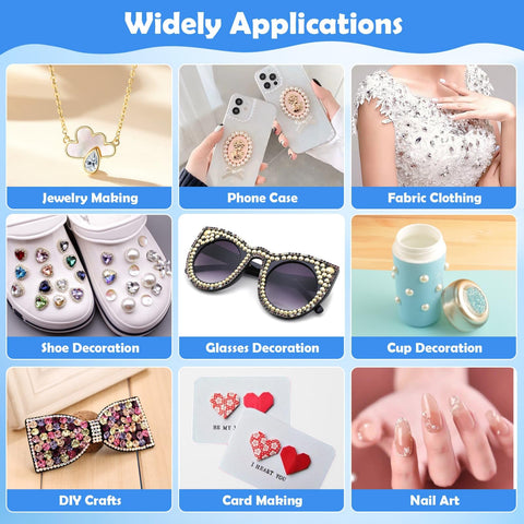 Various applications of Clear Rhinestone Glue for Jewelry Making and Nail Art 4 Pack 15mL with Precision Tip shown on assorted items