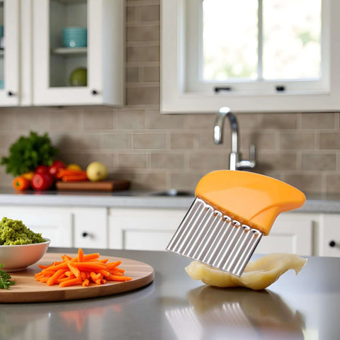 Orange-handled vegetable crinkle cutter with stainless steel wavy blade for home kitchen.