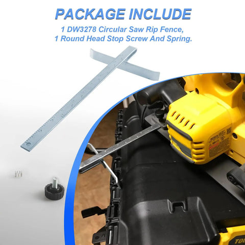 Rock Solid Circular Saw Rip Fence Guide for Flawless Straight Cuts, metal tool and mounting screw, shown with saw.