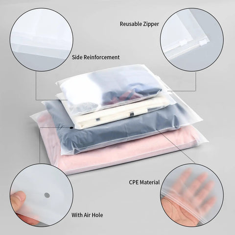 20 Pcs Travel Storage Bags For Luggage Organizer Sets Waterproof Resealable Compression Zipper Packing Bags For Travel Suitcases Clothing Shoes A Must Have Four Size Options, displaying reusable zipper, side reinforcement, CPE material, and with air hole features.