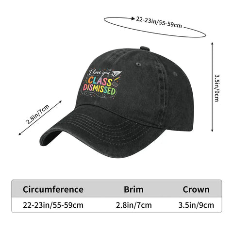 Washed Distressed Low Profile Baseball Cap For Men, Adjustable Buckle Strap, "Class Dismissed" design, size details shown.