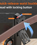 Quick-release waist buckle with locking button for secure belt attachment and anti-loss mechanism.